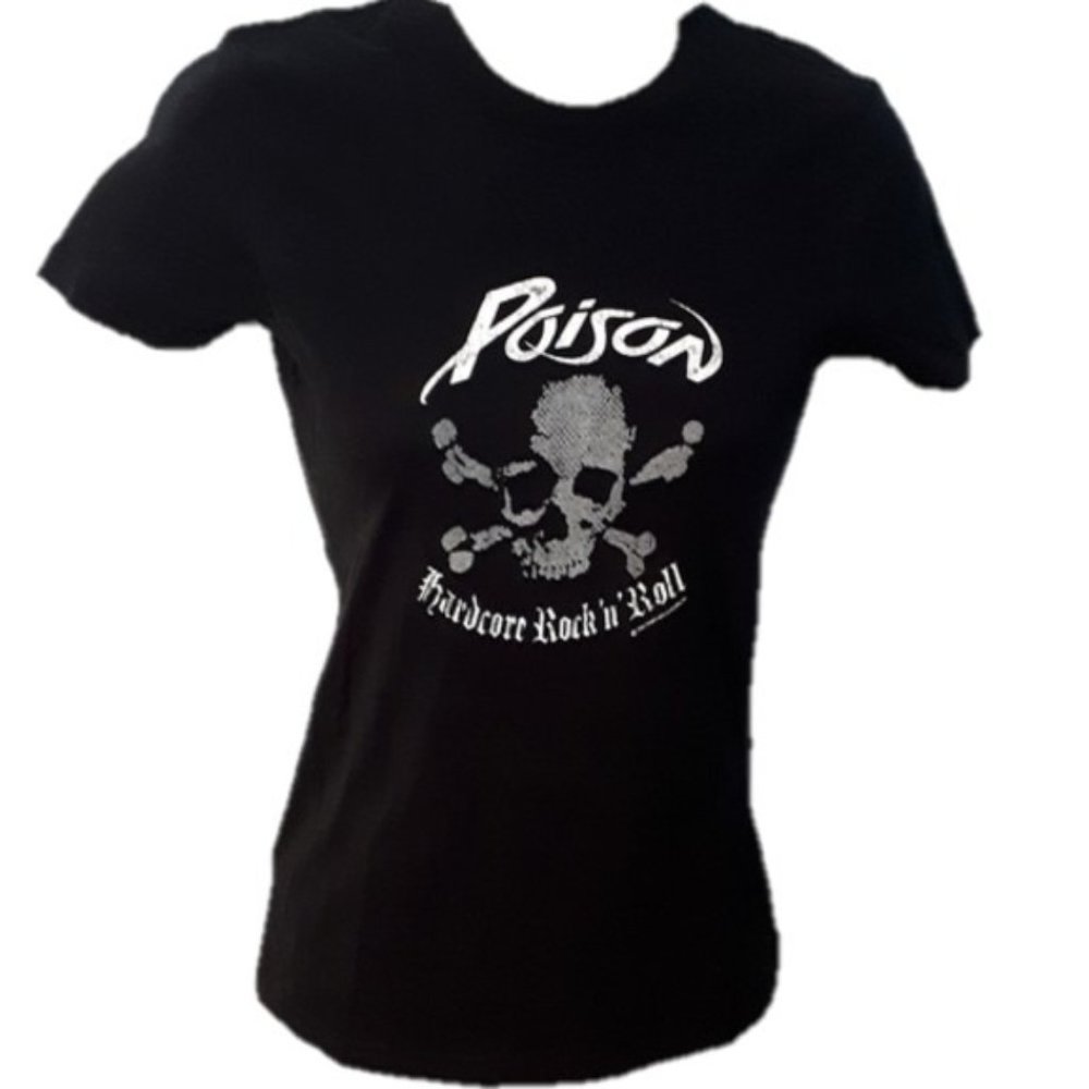 POISON Hardcore Rock 'N' Roll Skull & Crossbones Glitter T-Shirt Small 2006